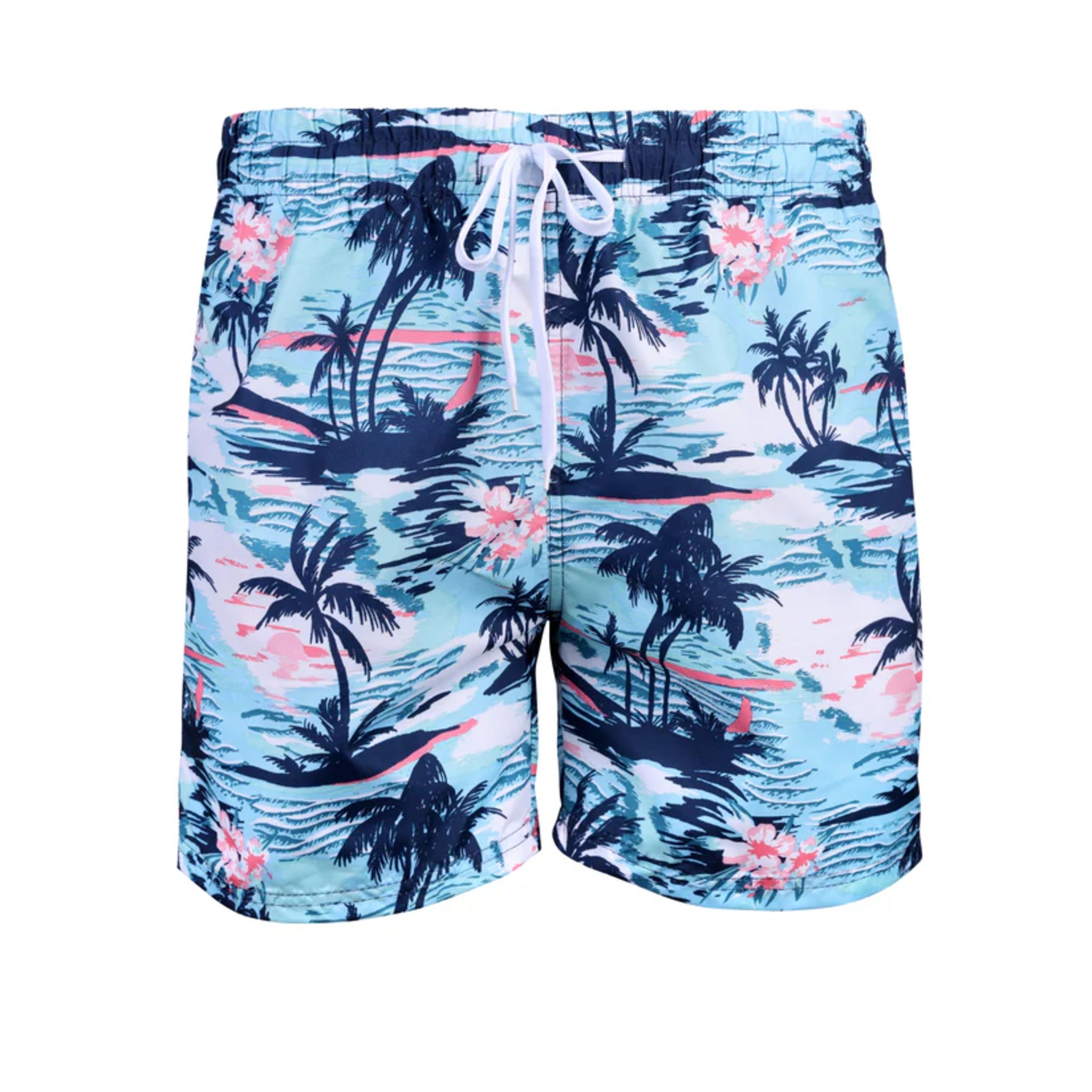 Men's tropical print swim shorts – light blue with palm tree and floral design